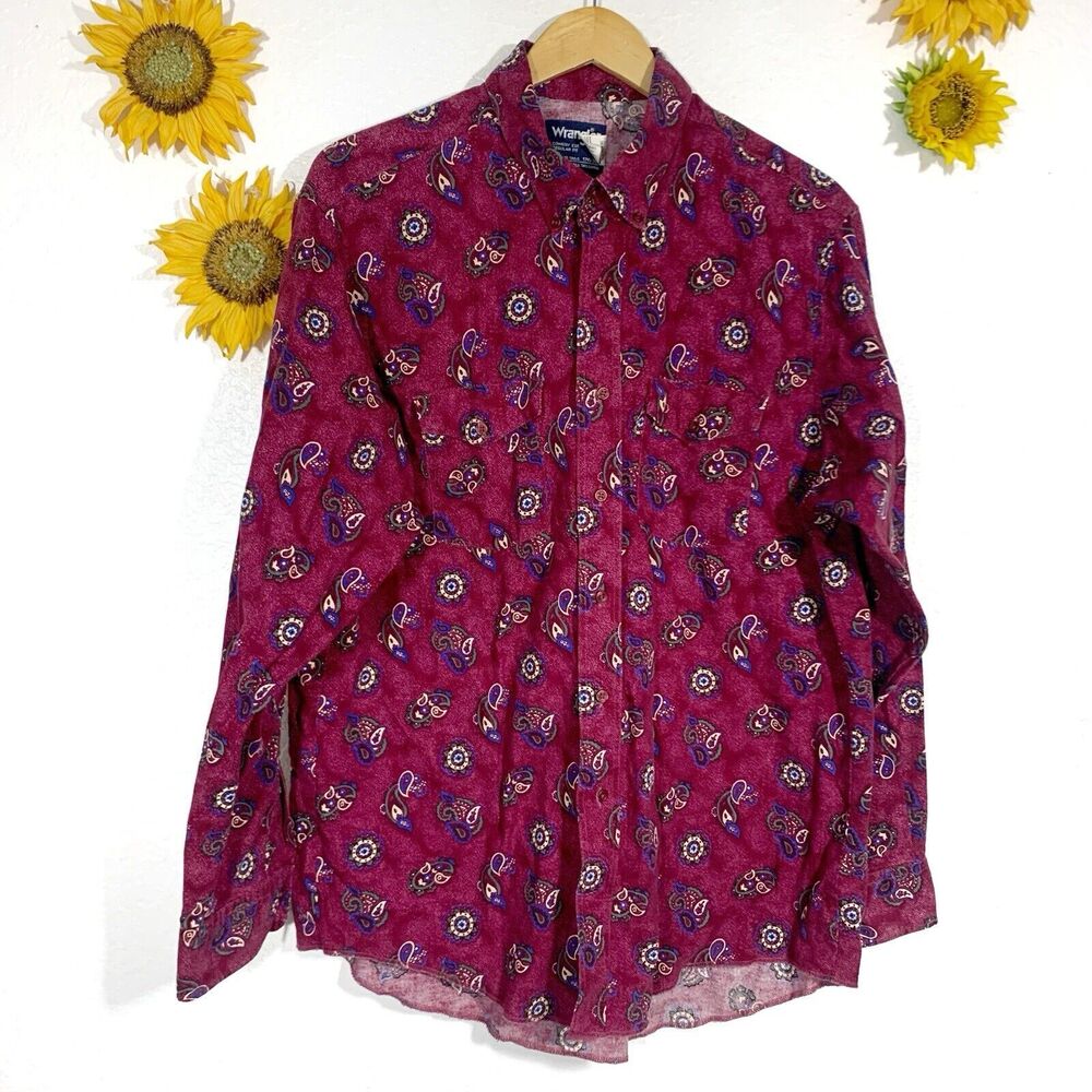 Vintage Wrangler Button Up XL Tail Shirt Men's 17.5-36 Cowboy Burgundy